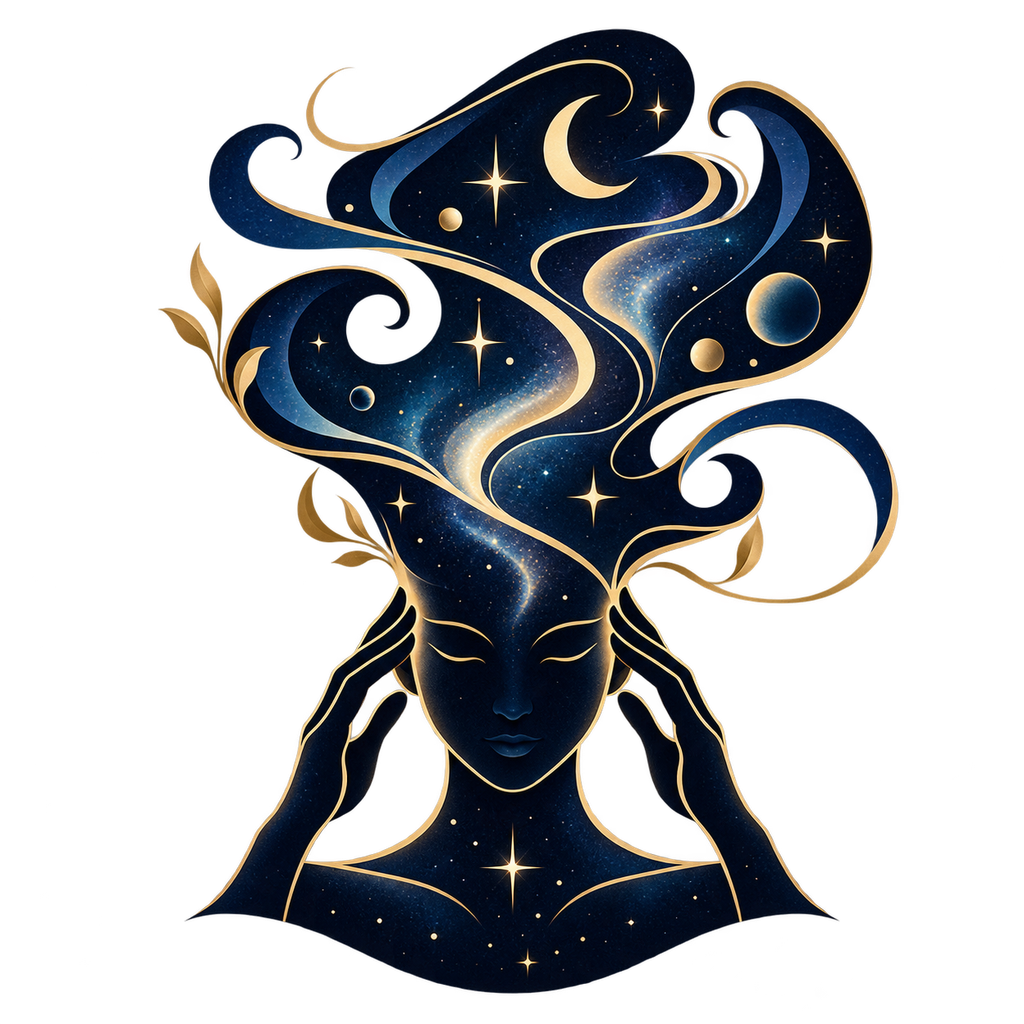 Silhouetted figure holding their head as an expanding universe of shapes and possibilities emerges above them.